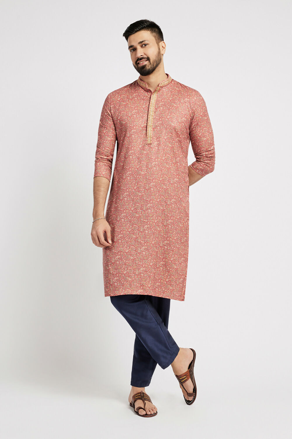 Ethnic India Pink Men's Kurta Floral Polyester