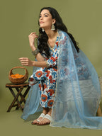 Myshka Women's Multi Printed Cotton Straight Party Kurta Set With Dupatta