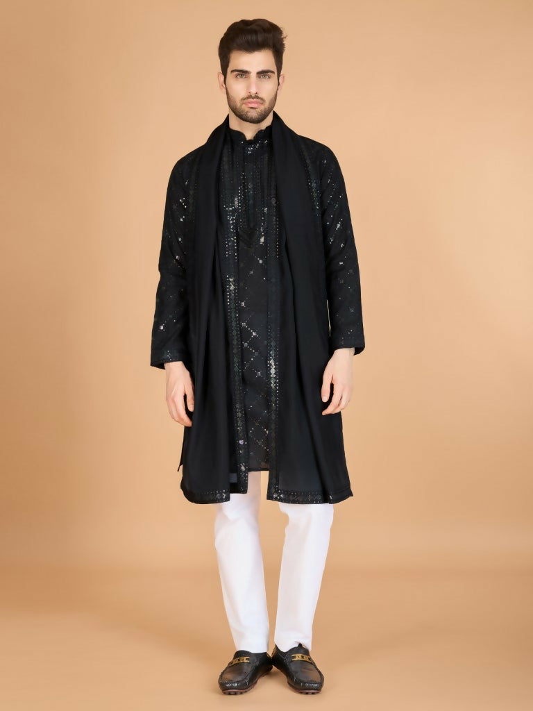 Vastranavya Black Exclusive Festival Wear Viscose Silk Thread & Sequence Embroidered Work Kurta with Dupatta