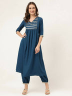 FIORRA Women's Turquise Blue Poly Crepe A-Line Kurta Set