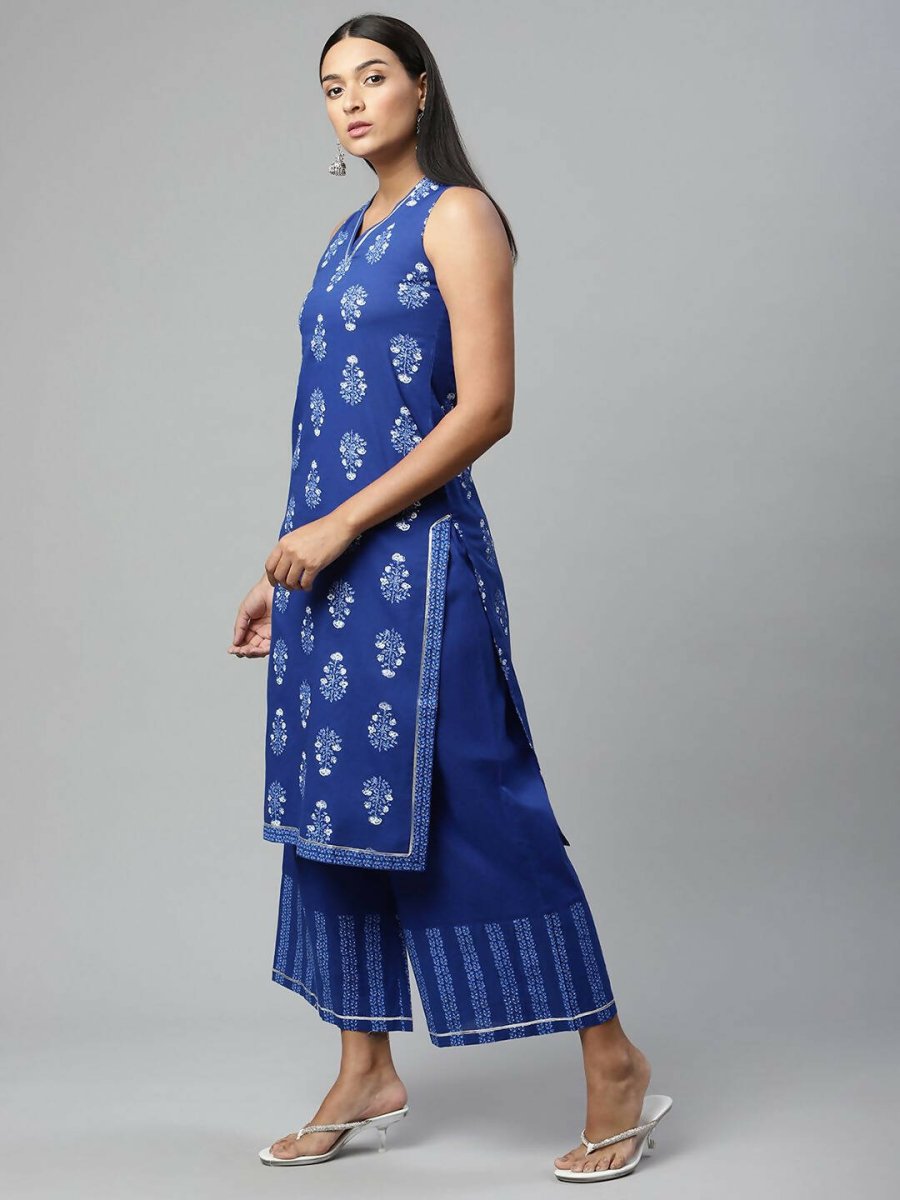 Ahalyaa Womens Indigo Blue Pure Cotton Printed Kurta Palazzo Set - Distacart