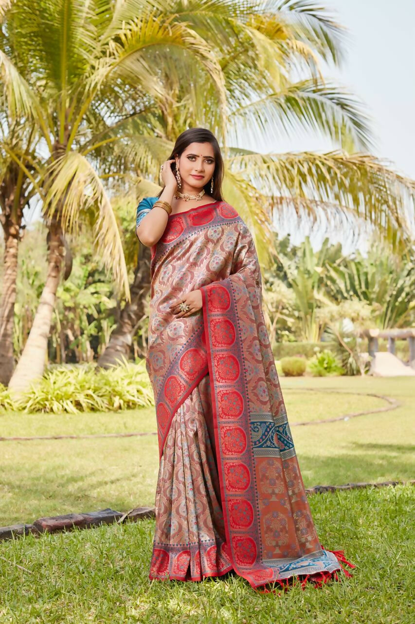 Vastranavya Boutique Collection Kanjivaram Soft Silk Saree With Unstitched Blouse - Light Orange