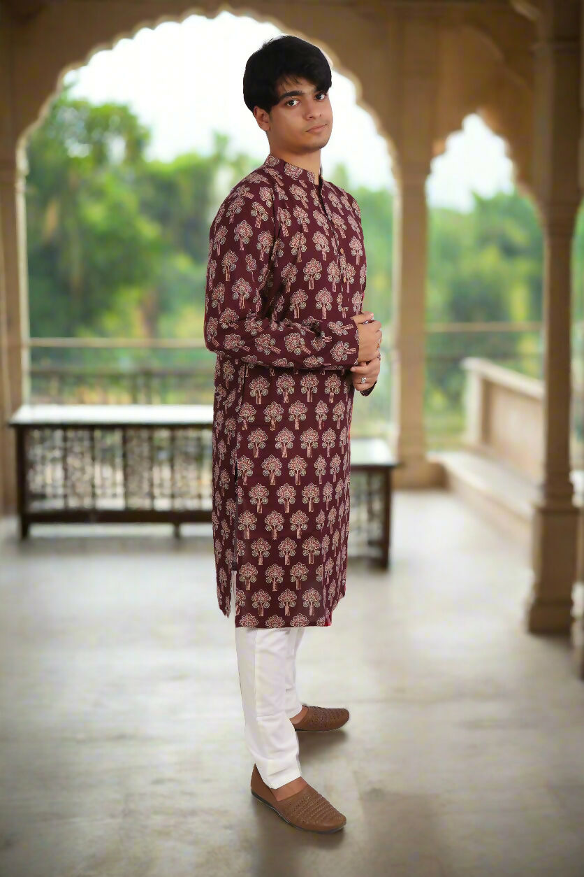 Souchii Men Burgundy Pure Cotton Ethnic Motif Printed Straight Kurta