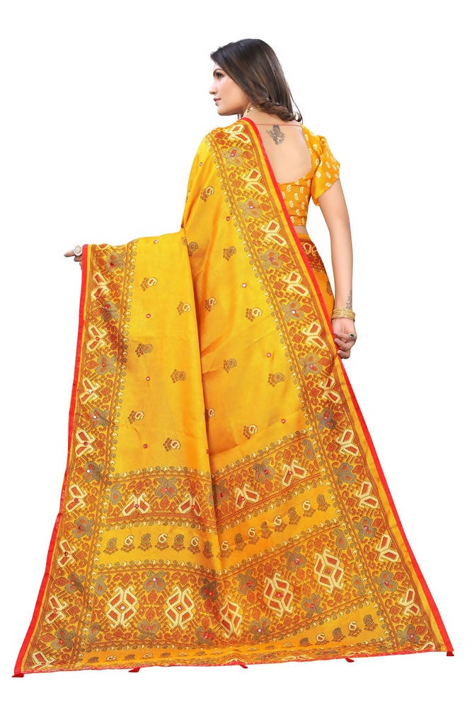 Vamika Yellow Jute Silk Mirror Work Saree