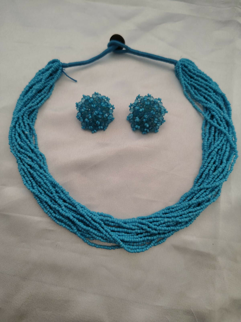 Inhanns Vibrant Handmade 20 Layers Beaded Necklace With Matching Earrings - Sky Blue