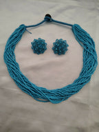 Inhanns Vibrant Handmade 20 Layers Beaded Necklace With Matching Earrings - Sky Blue