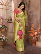 Anaita Light Green Soft Silk With Zari Weaving Borders Saree With Blouse