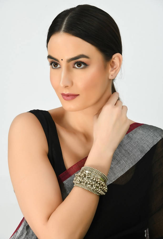 Mominos Fashion Kamal Johar Oxidised Silver-Plated Ghungroo Handcraft Cuff Bracelet