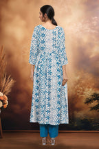 Joban Fashion White Based Blue Geometric Floral Printed Riyon Kurti With Contrast Palazzo Pant
