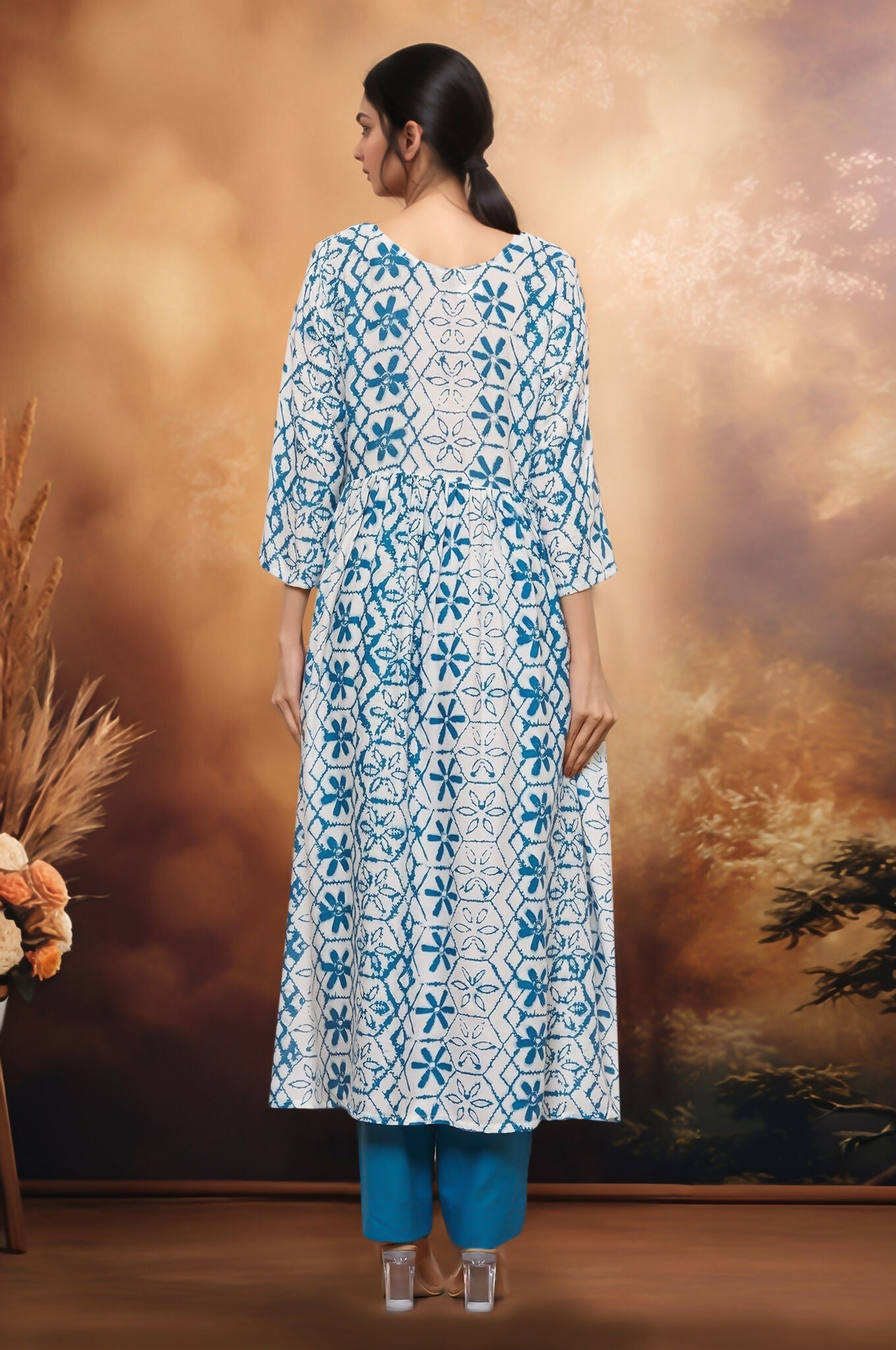 Joban Fashion White Based Blue Geometric Floral Printed Riyon Kurti With Contrast Palazzo Pant