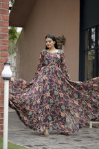 Aayaa Designer Printed Georgette Full Flare Gown With Dupatta - Multi Color - Distacart