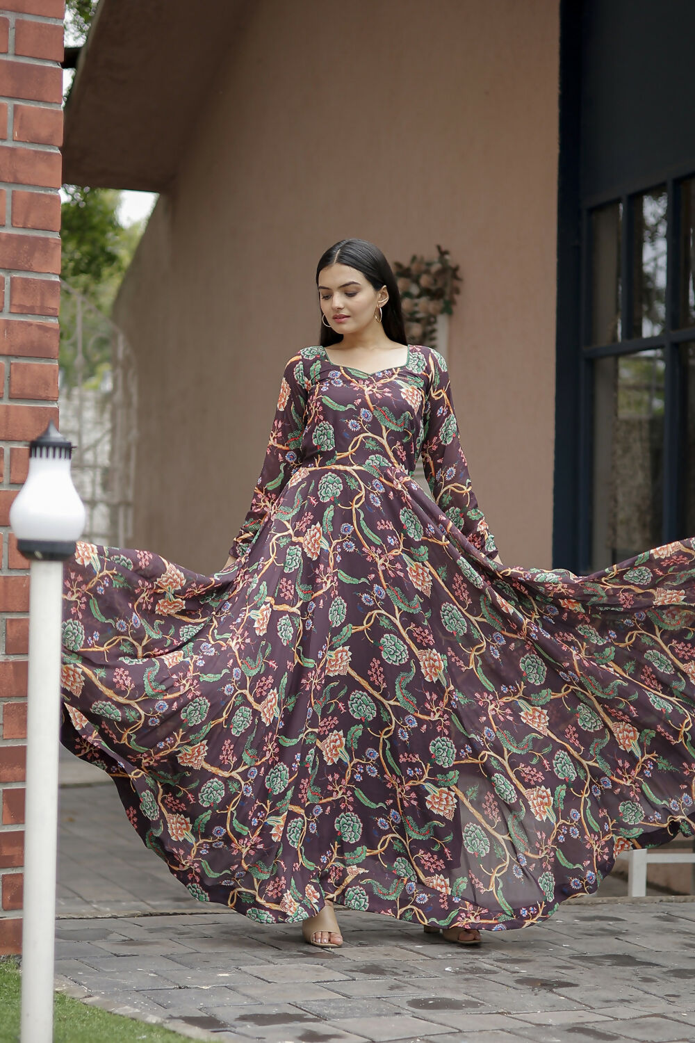 Aayaa Designer Printed Georgette Full Flare Gown With Dupatta - Multi Color - Distacart