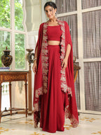 Janasya Maroon Georgette Solid Top Bottom Cape