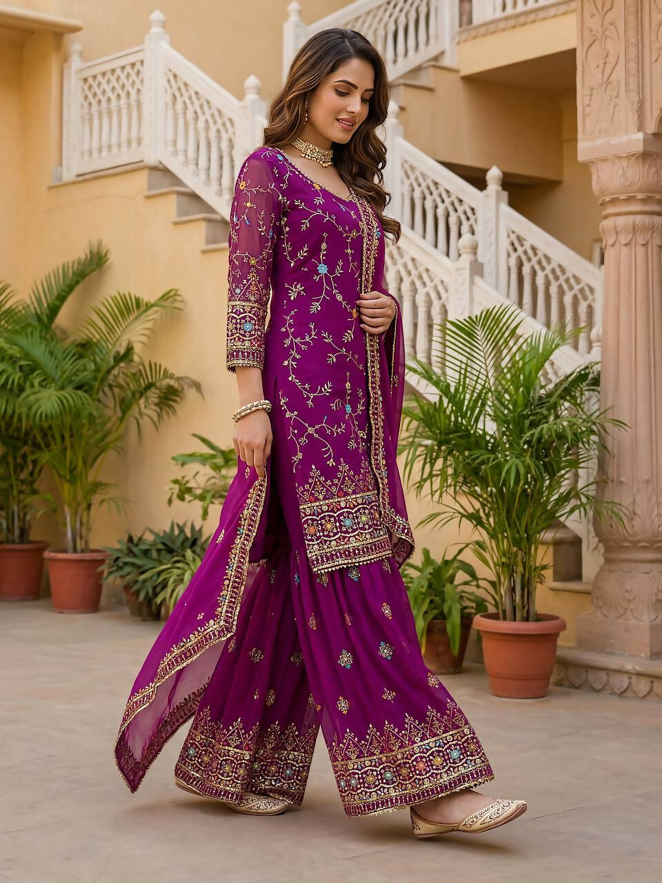 Teeya Creation Wine Faux Georgette Multi Thread Work Wedding Wear Sharara Set