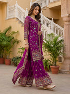 Teeya Creation Wine Faux Georgette Multi Thread Work Wedding Wear Sharara Set