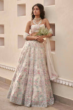 Jyoti Fashion Cream Thread Embroidery Georgette Designer Lehenga Choli with Dupatta