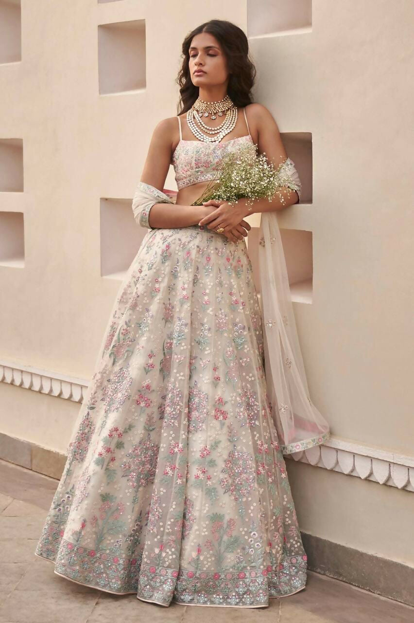 Jyoti Fashion Cream Thread Embroidery Georgette Designer Lehenga Choli with Dupatta