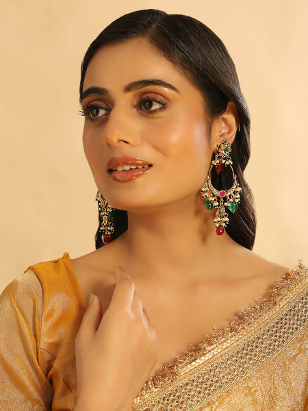 Nuyug 22K Gold Plated Crescent Kundan Drop Green Stone Chandbali Earrings