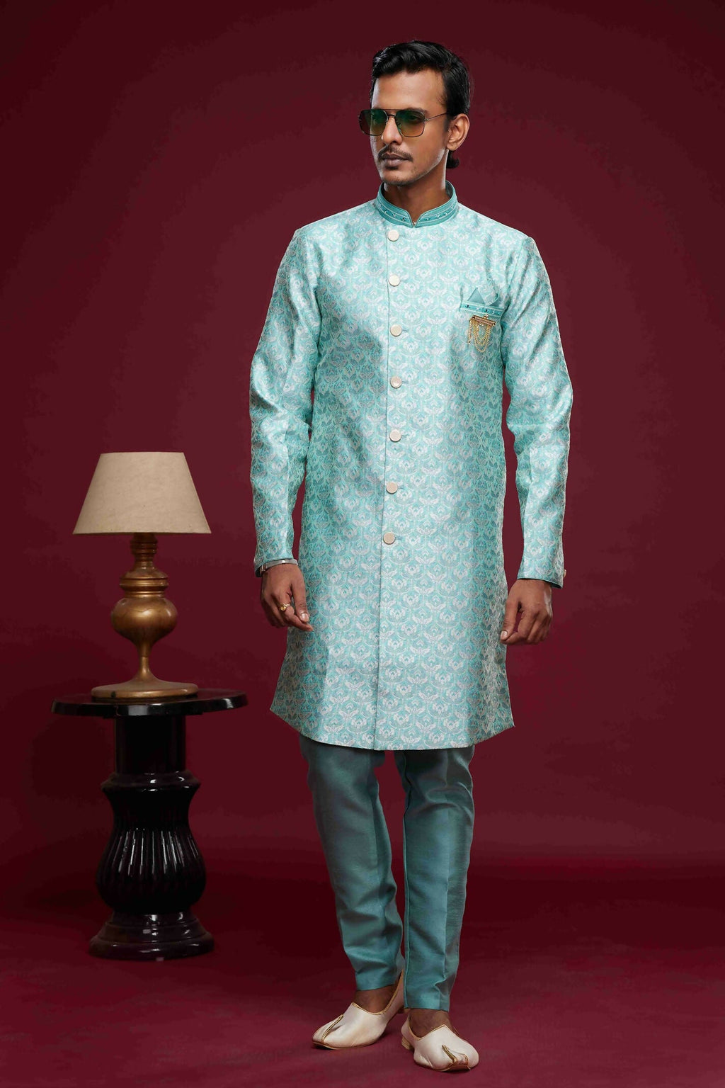 Raivat Ethnic Banarasi Jacquard Embroidery Semi Indo Western Sherwani In Sky Blue Colour