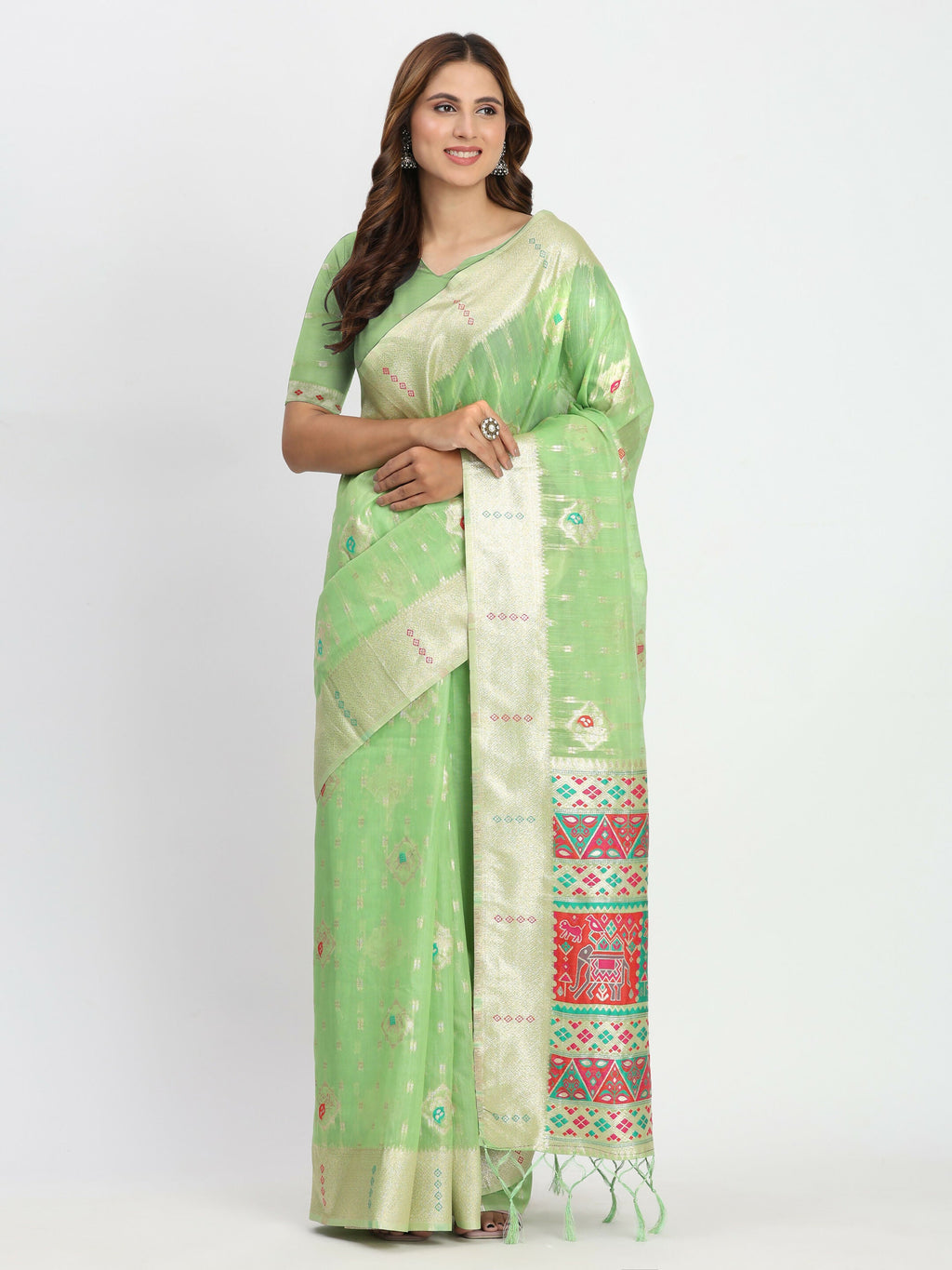 Shree Shyam Fashion Linen Cotton Light Green Saree - Distacart