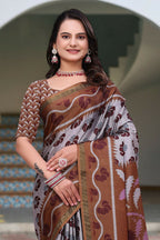 Prime Volt Women's Brown Printed Mal Cotton Saree with Designer Blouse Piece - Distacart
