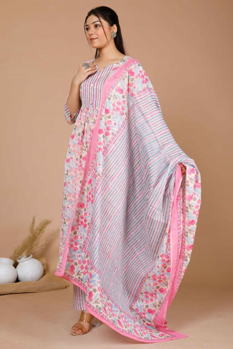 Miravan Women's Cotton Pink Floral Printed Straight Kurta Palazzo With Dupatta