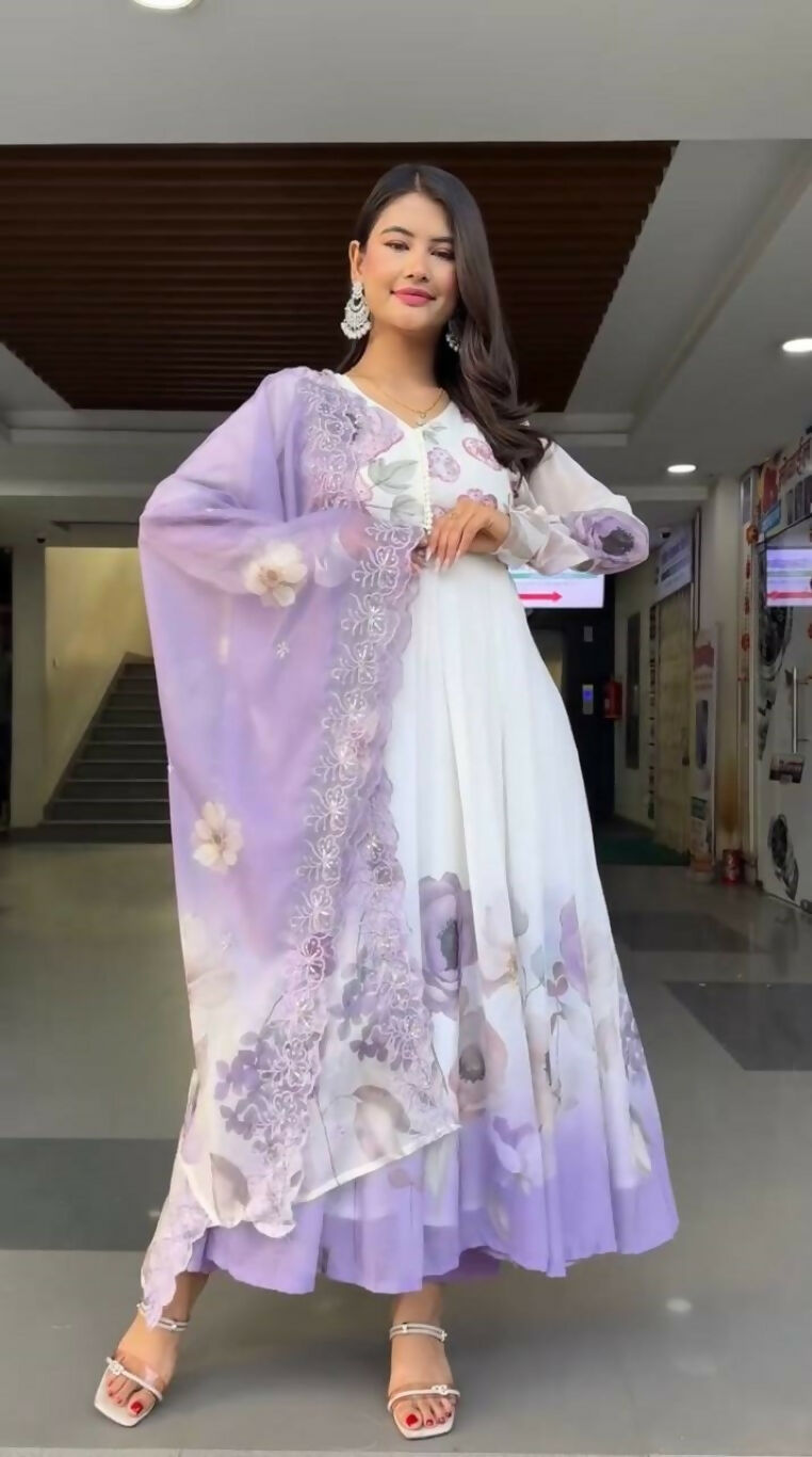 Teeya Creation Multi Color Faux Georgette Digital print With Embroidery Gown - Distacart