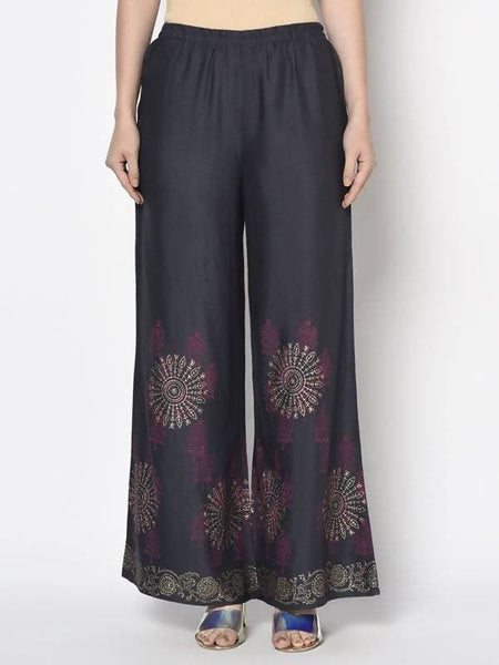 Aniyah Rayon Dark Grey Color Block Print Flared Slip-On Palazzo (AN-201K)