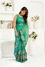 Joban Fashion Rama Green Floral Linen Ready To Wear Saree With Unstitched Blouse - Distacart