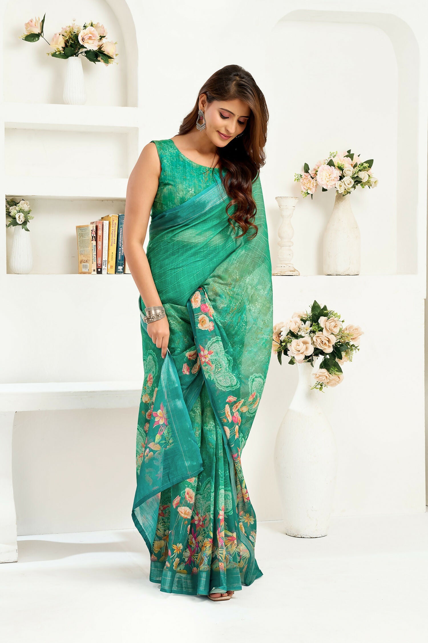 Joban Fashion Rama Green Floral Linen Ready To Wear Saree With Unstitched Blouse - Distacart