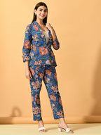 Myshka Women's Blue Printed Coat With Trousers