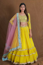 Yellow Georgette Zari Sequence Embroidery With Foil Mirror Work Lehenga Choli - Jihu Culture