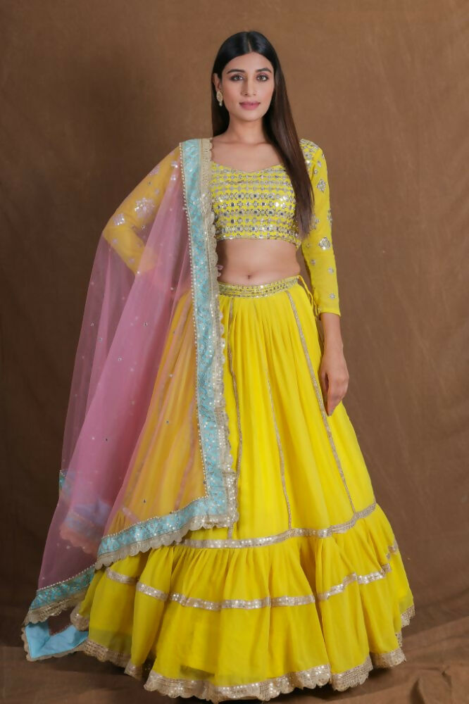 Yellow Georgette Zari Sequence Embroidery With Foil Mirror Work Lehenga Choli - Jihu Culture
