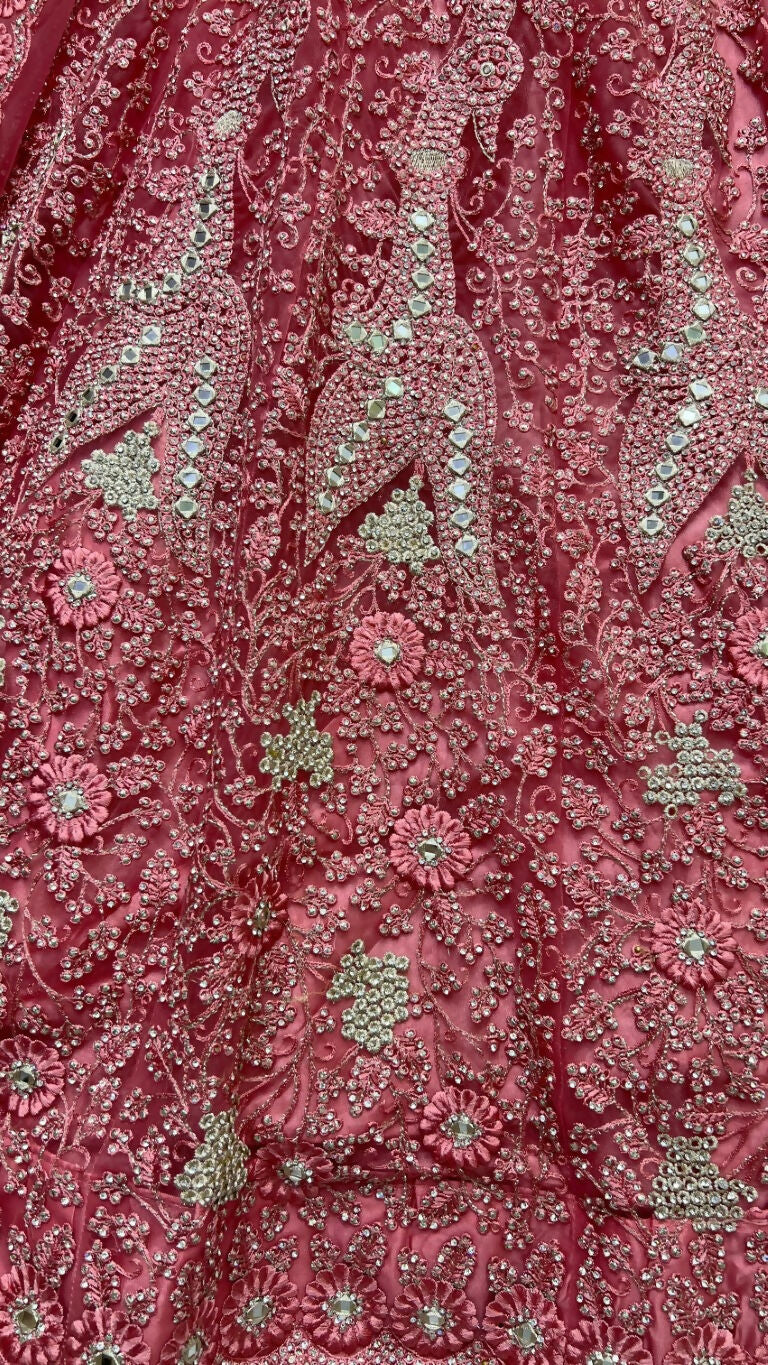 Jyoti Fashion Women's Pink Bridal Net Fancy Dori, Multi Thread, Hand Mirror and Diamond Work Wedding Lehenga Choli