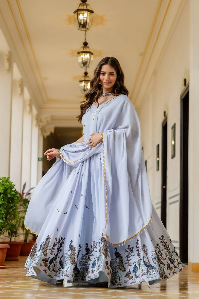 Teeya Creation Lavender Chinnon Heavy Work Long Wedding Gown - Distacart