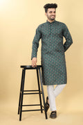 Teal Cotton Printed Men's Kurta - Mahotsav