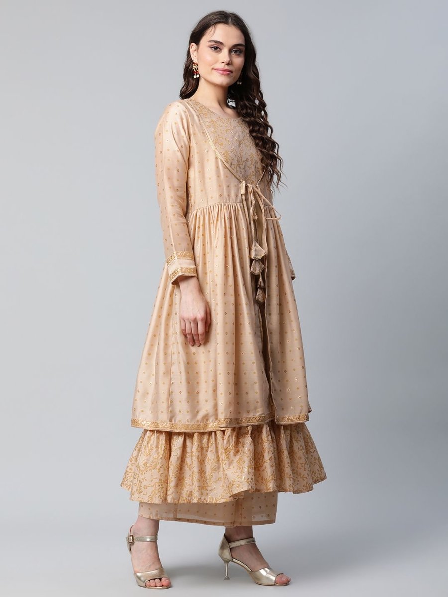 Ahalyaa Womens Beige Chanderi Kurta Palazzo Set with Dupatta - Distacart