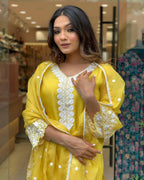 The52 Yellow Women's Gorgeous Embroidered Georgette Fabric Straight Kurta Pant with Dupatta Set - Distacart