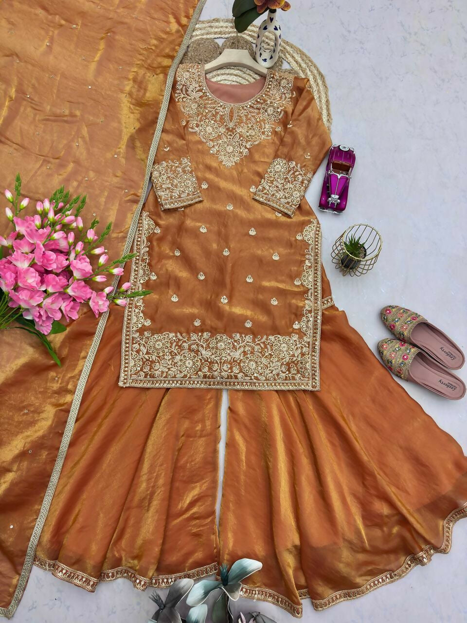 Teeya Creation Goldern Fendy Silk Embroidery Work Designer Wedding Wear Palazzo Suit - Distacart