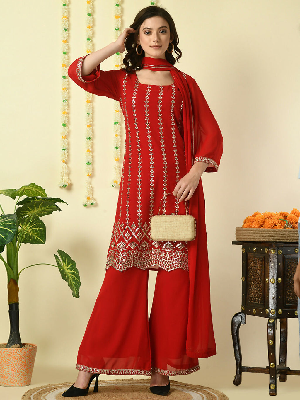 Myshka Women's Red Georgette Kurta & Palazzos With Dupatta Party Sets