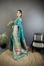 Joban Fashion Turquoise Blue Geometric Pattern Soft Silk Patola Saree - Distacart