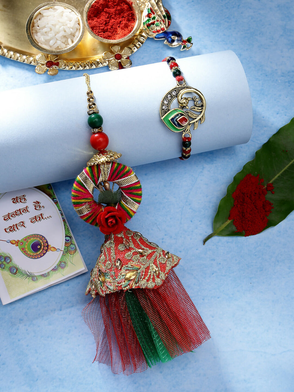 NVR Women & Men Set of 2 Multicolor Peacock Design Bhaiya Bhabhi Rakhi With Roli Chawal - Distacart