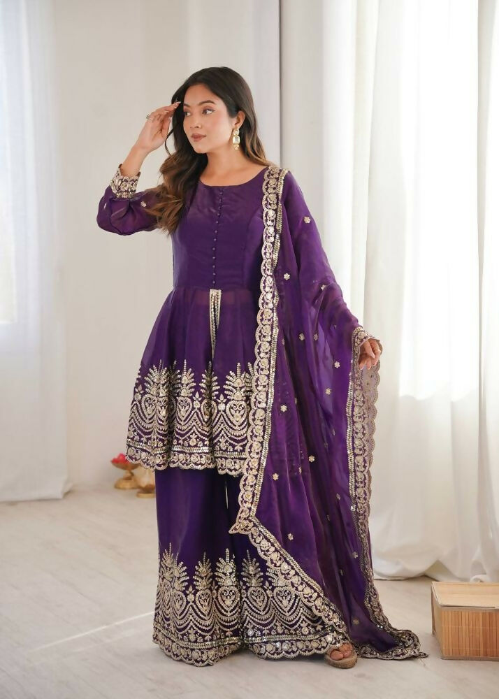 Teeya Creation Purple Color Fendy Satin Silk Embroidery Work party Wear Salwar Suit - Distacart
