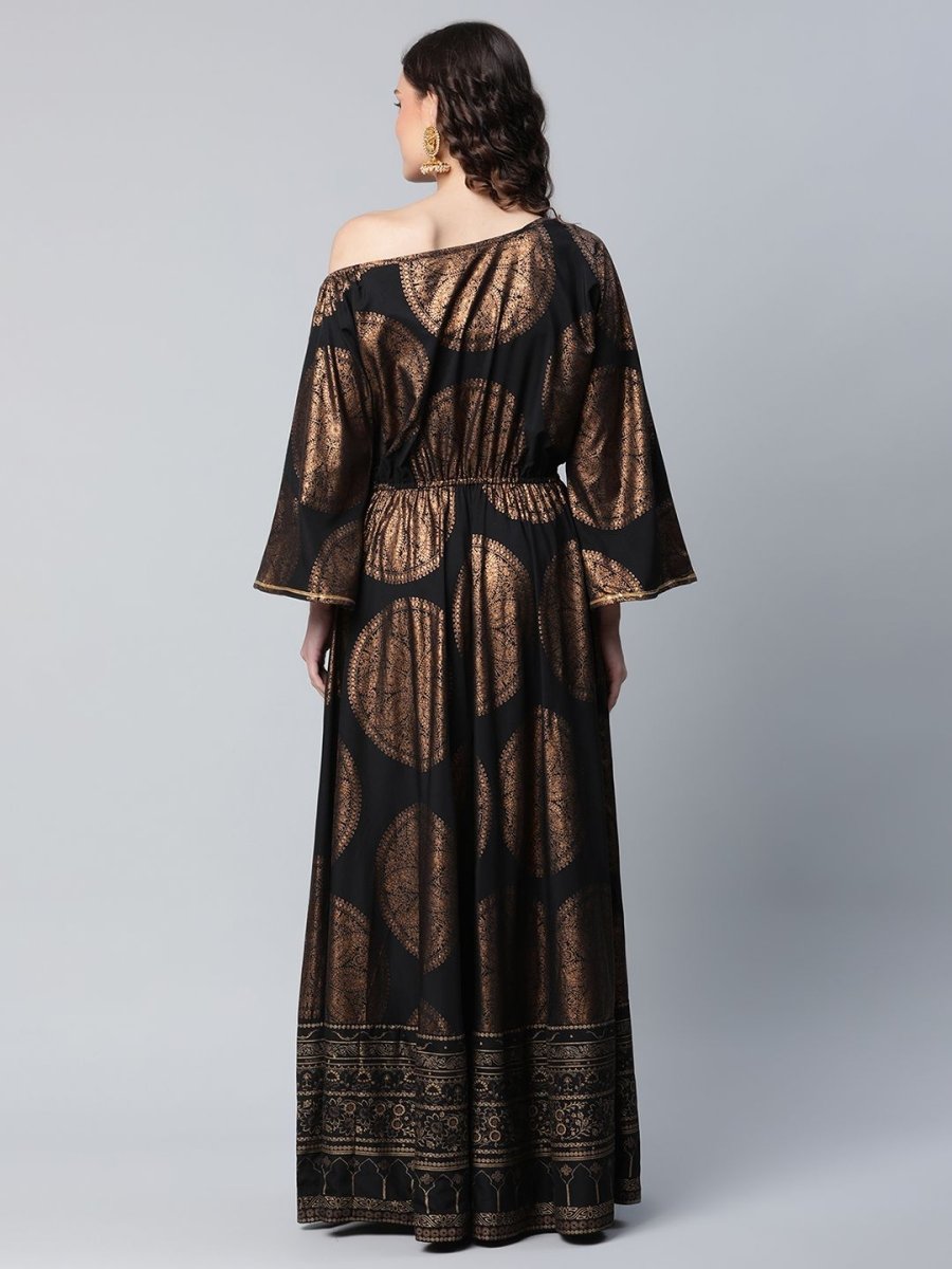 Ahalyaa Womens Black Crepe Copper Foil Printed Maxi Dress - Distacart