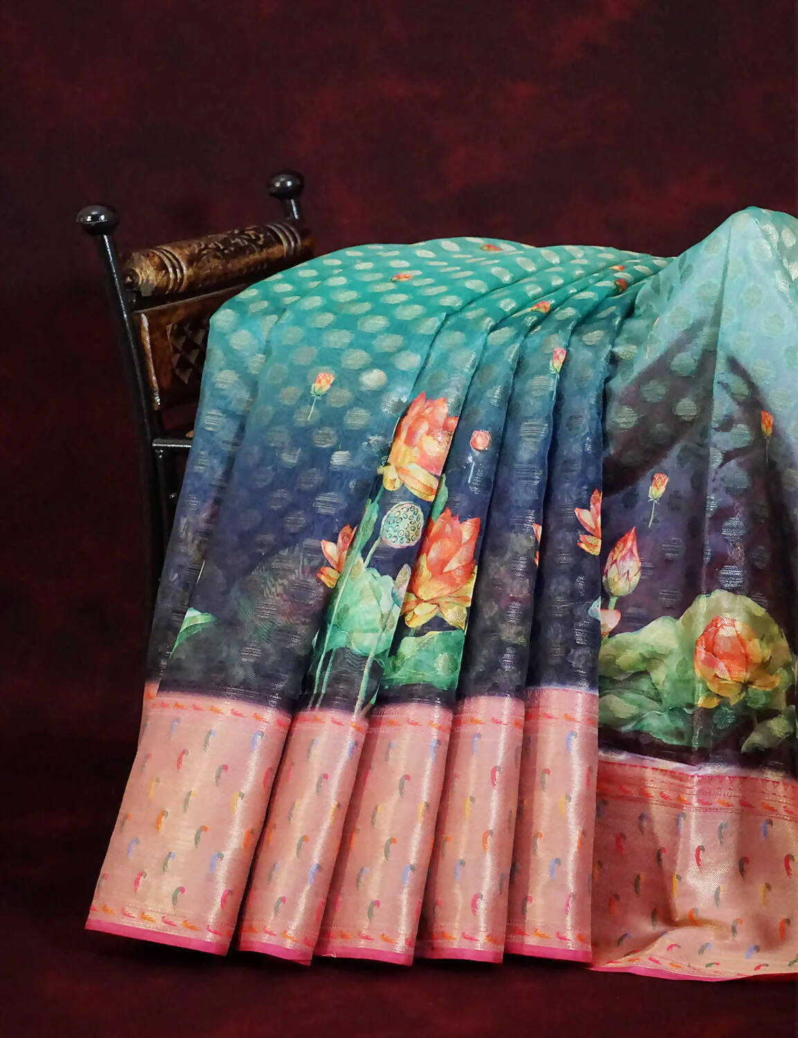 Green and Pink Banaras Border Floral Design Banarasi Semi Silk Saree By Gayathri Reddy Designer Studio