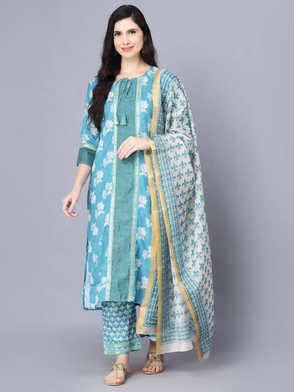 Myshka Women Blue Ethnic Motifs Printed Kurta with Trousers With Dupatta - Distacart