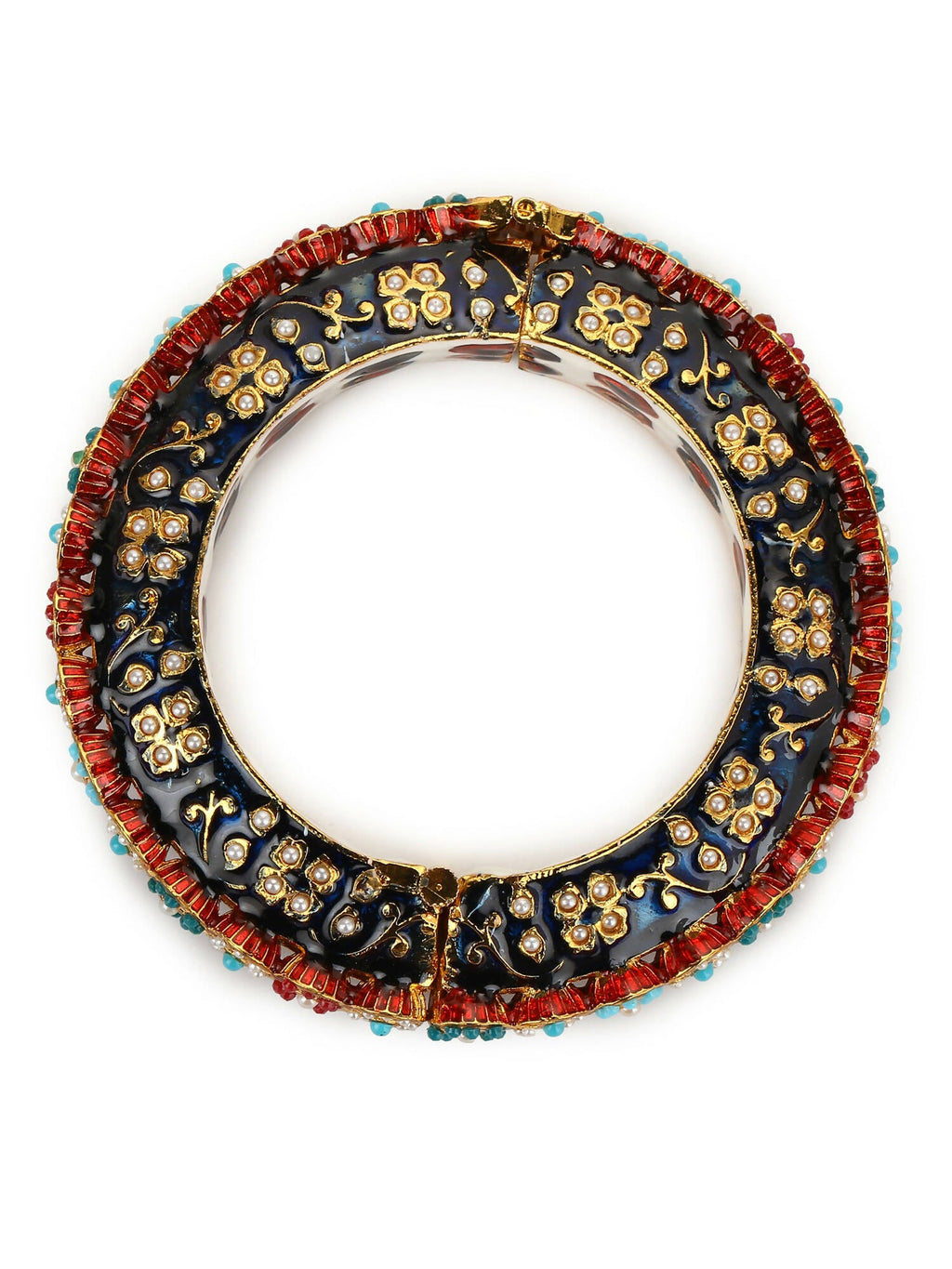 Gold-Plated Blue White Kundan Studded Pearls Beaded Bangle - Ruby Raang - Distacart