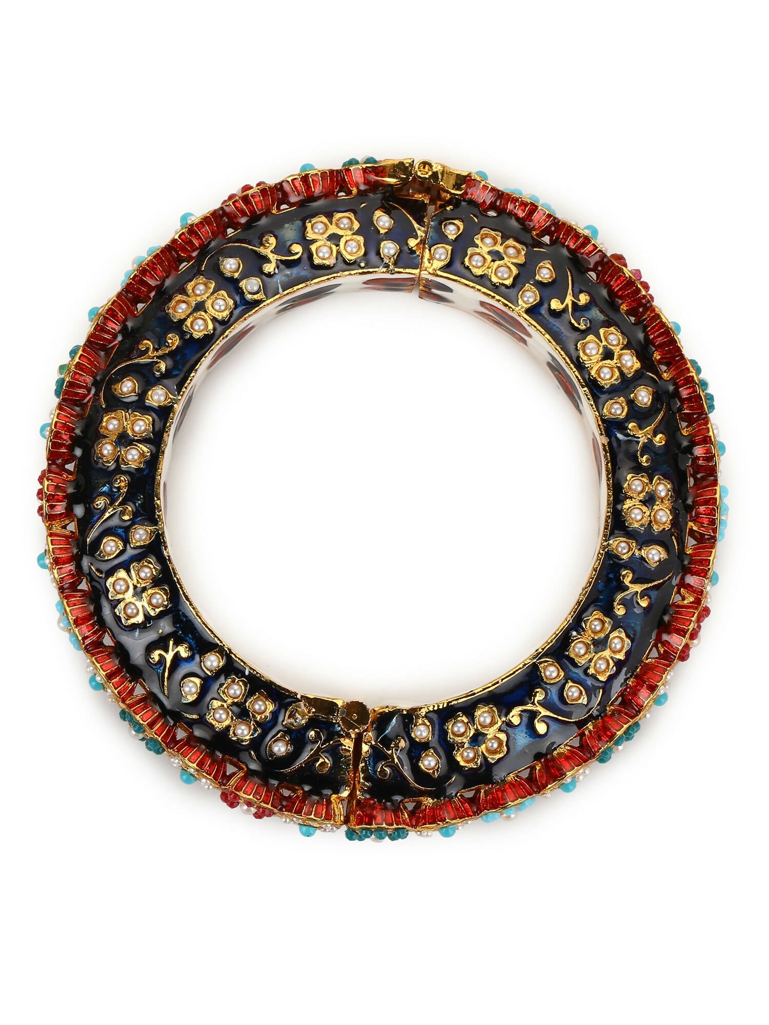 Gold-Plated Blue White Kundan Studded Pearls Beaded Bangle - Ruby Raang - Distacart