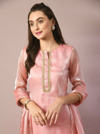 Myshka Women's Pink Solid Straight Party Kurta Set With Dupatta