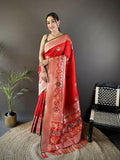 Joban Fashion Red Elephant & Floral Motifs Soft Lichi Silk Banarasi Saree - Distacart
